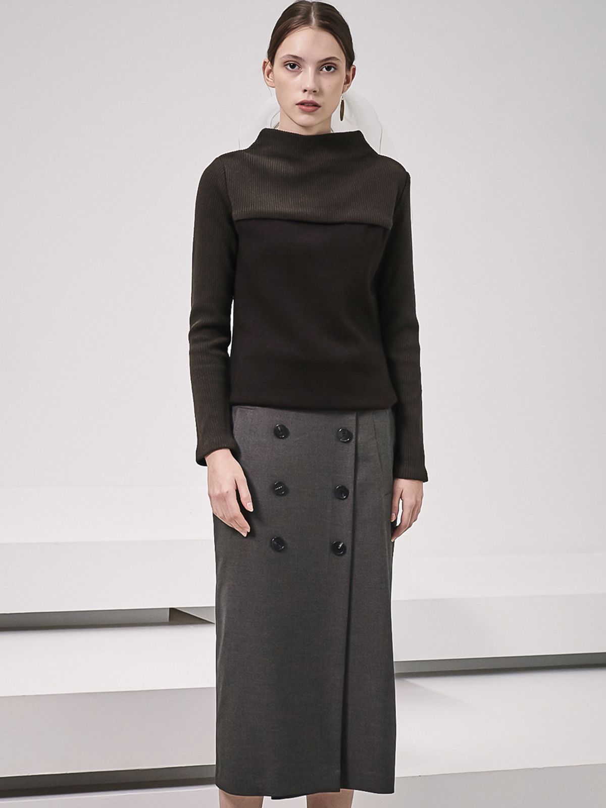 아쿠드(ACUD) Gaia Double Button Pencil Skirt_Coffee