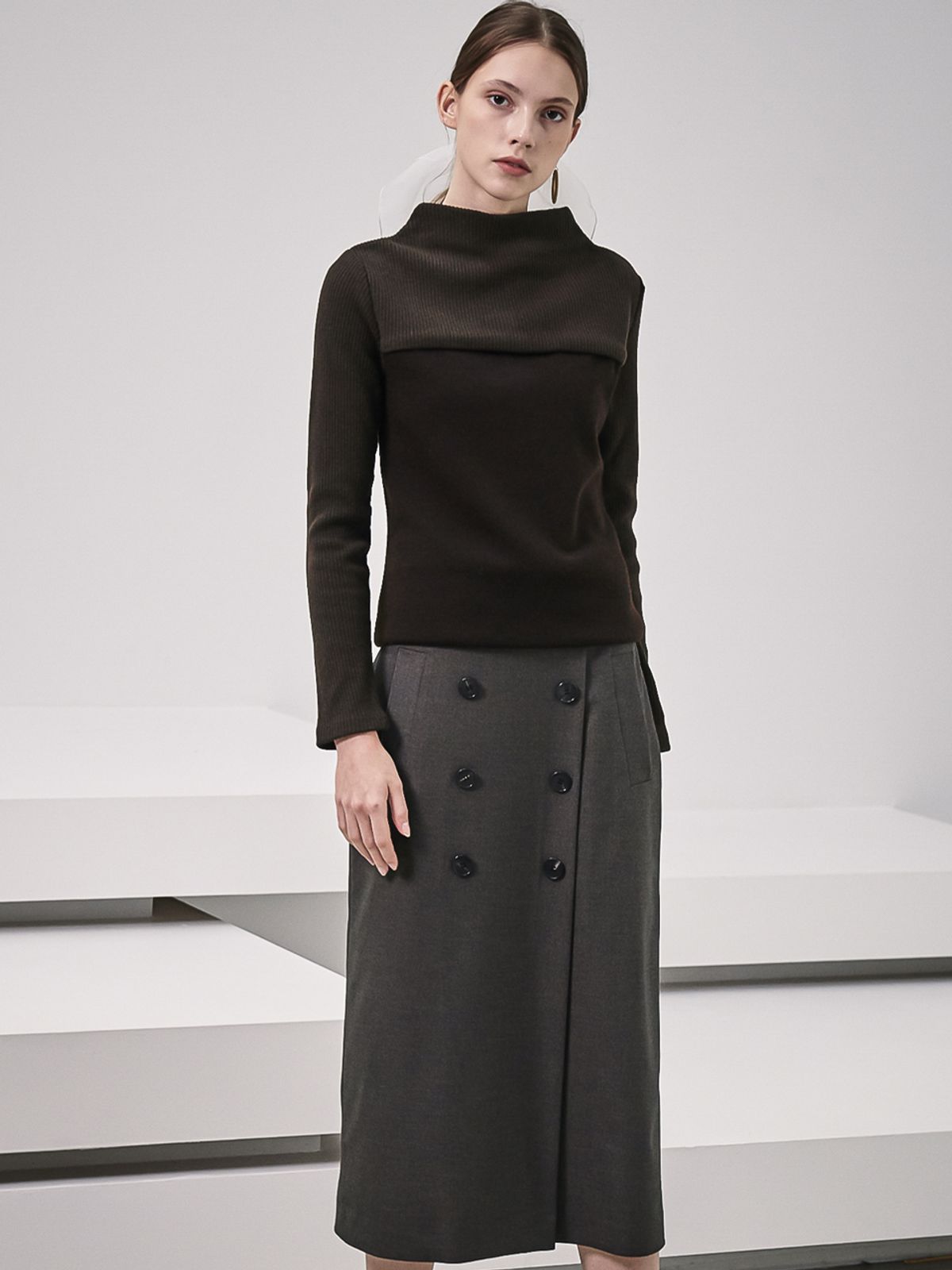 아쿠드(ACUD) Gaia Double Button Pencil Skirt_Coffee