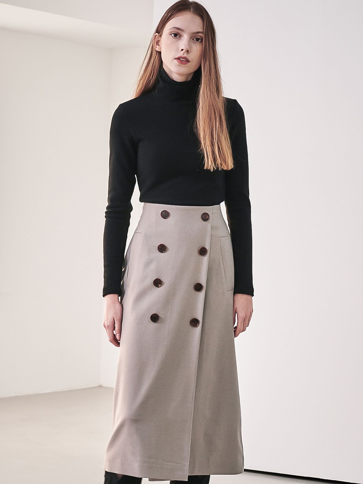 아쿠드(ACUD) Gaia Double Button Pencil Skirt_Beige