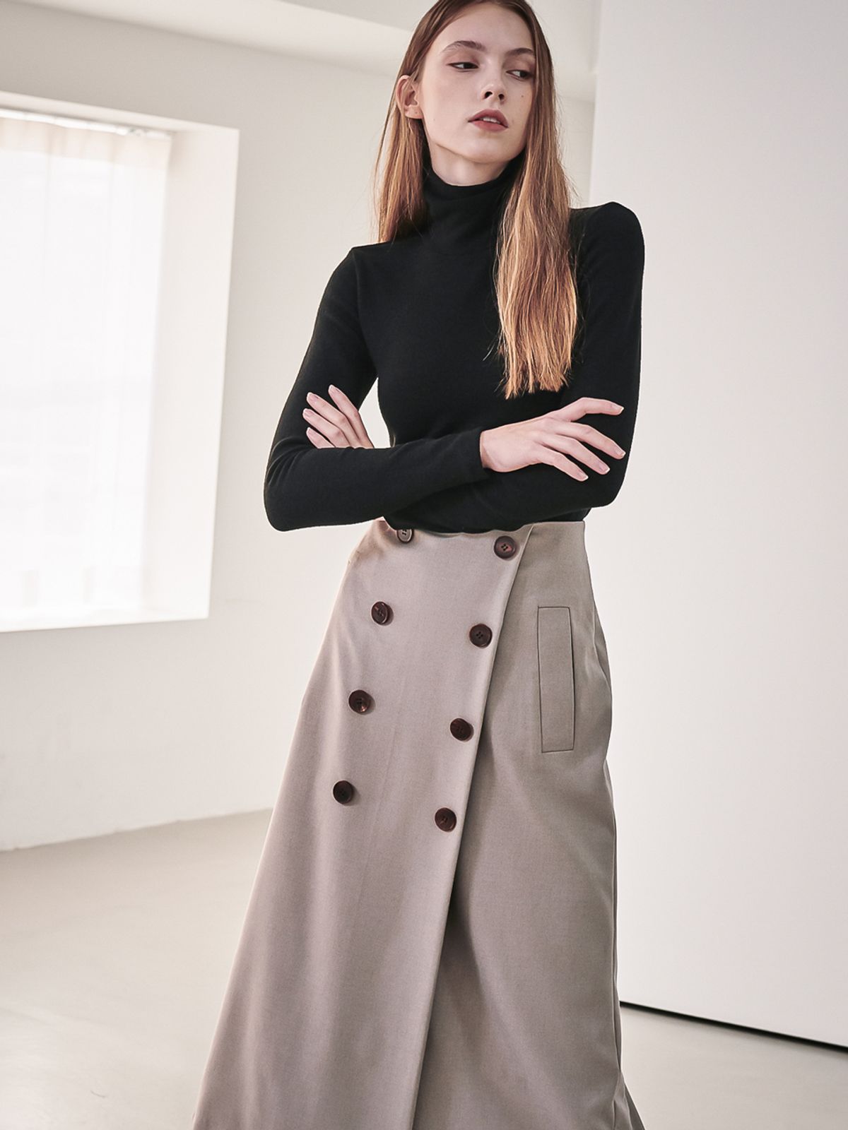 아쿠드(ACUD) Gaia Double Button Pencil Skirt_Beige