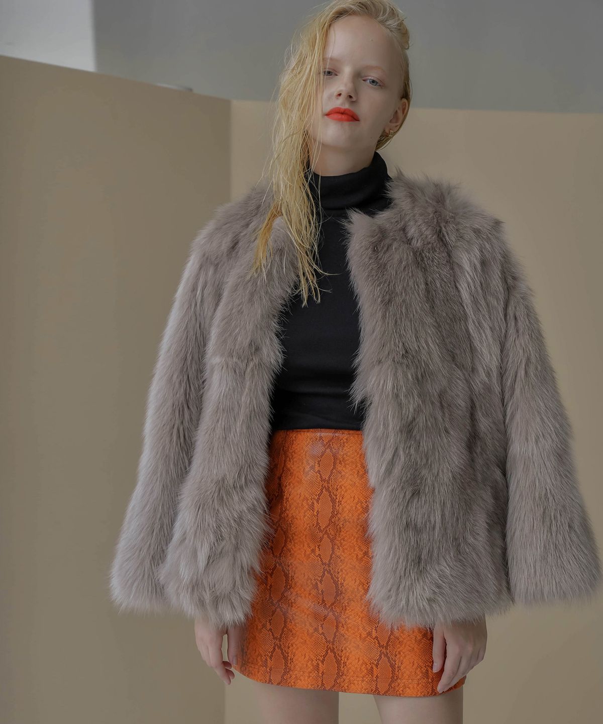 온느(ONNE) Python Faux Leather Skirt Orange