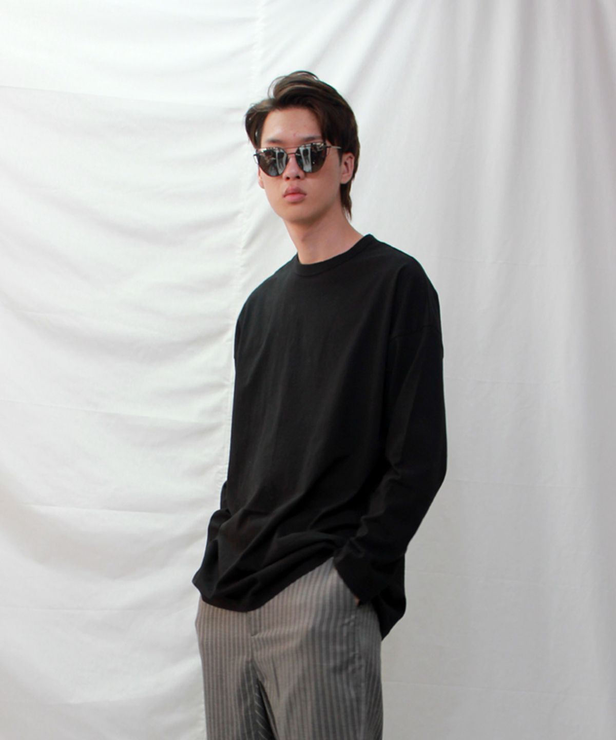 드마크(DEMARC) 남자여자 오버핏 레이어드 무지티 블랙