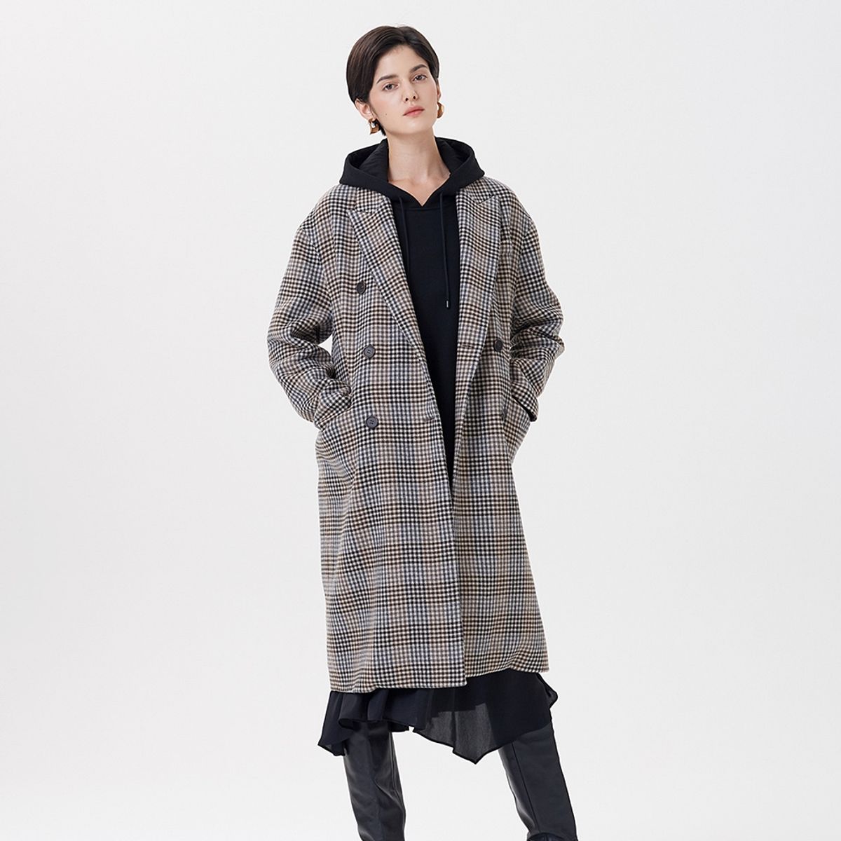핀블랙(PINBLACK) HANDMADE CHECK COAT KHAKI BROWN
