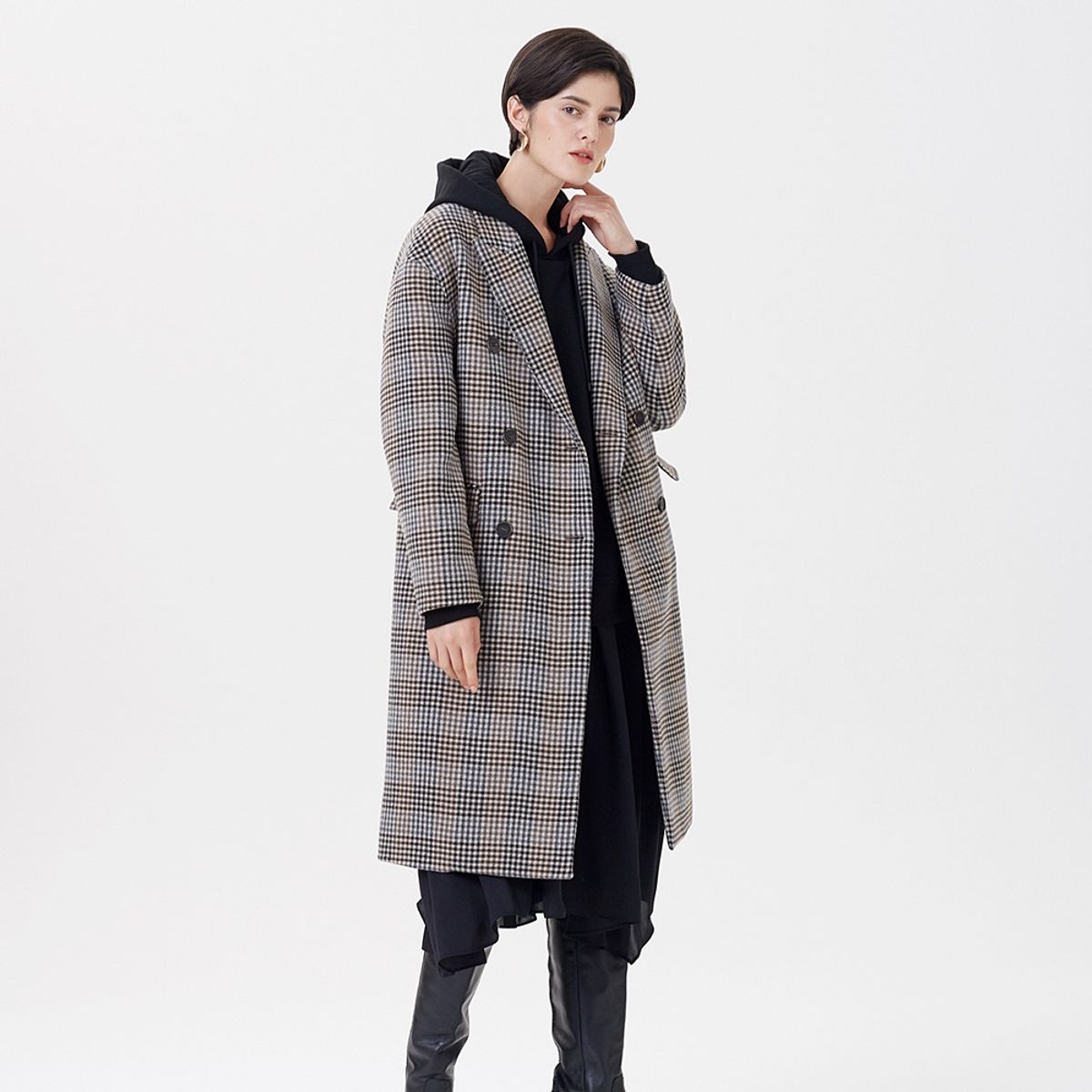 핀블랙(PINBLACK) HANDMADE CHECK COAT KHAKI BROWN