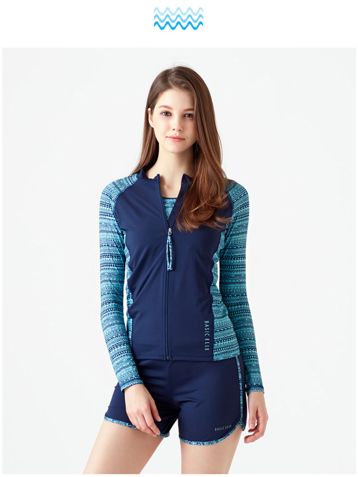 베이직엘르(BASIC ELLE) 여성 집업 배색 라인 래쉬가드 4PCS BEL-R202N