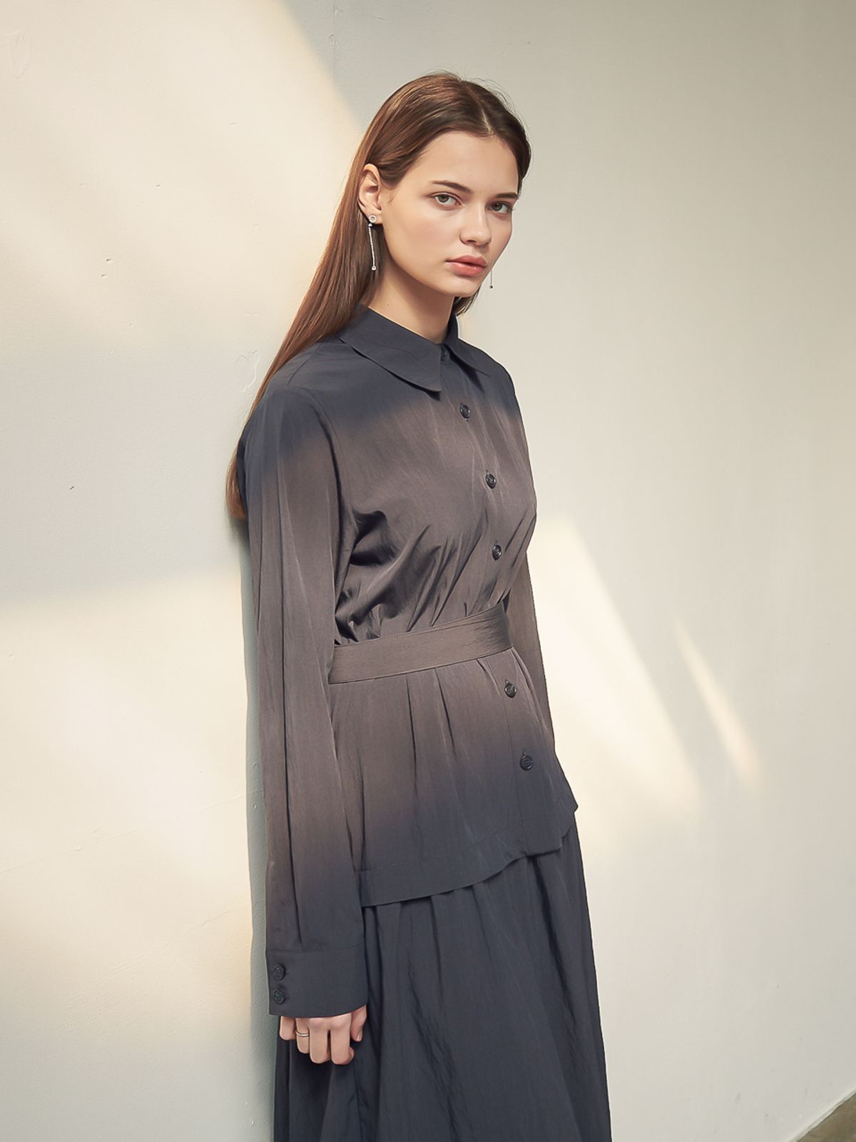 아쿠드(ACUD) Gaia Shirring Shirt One-Piece_Navy