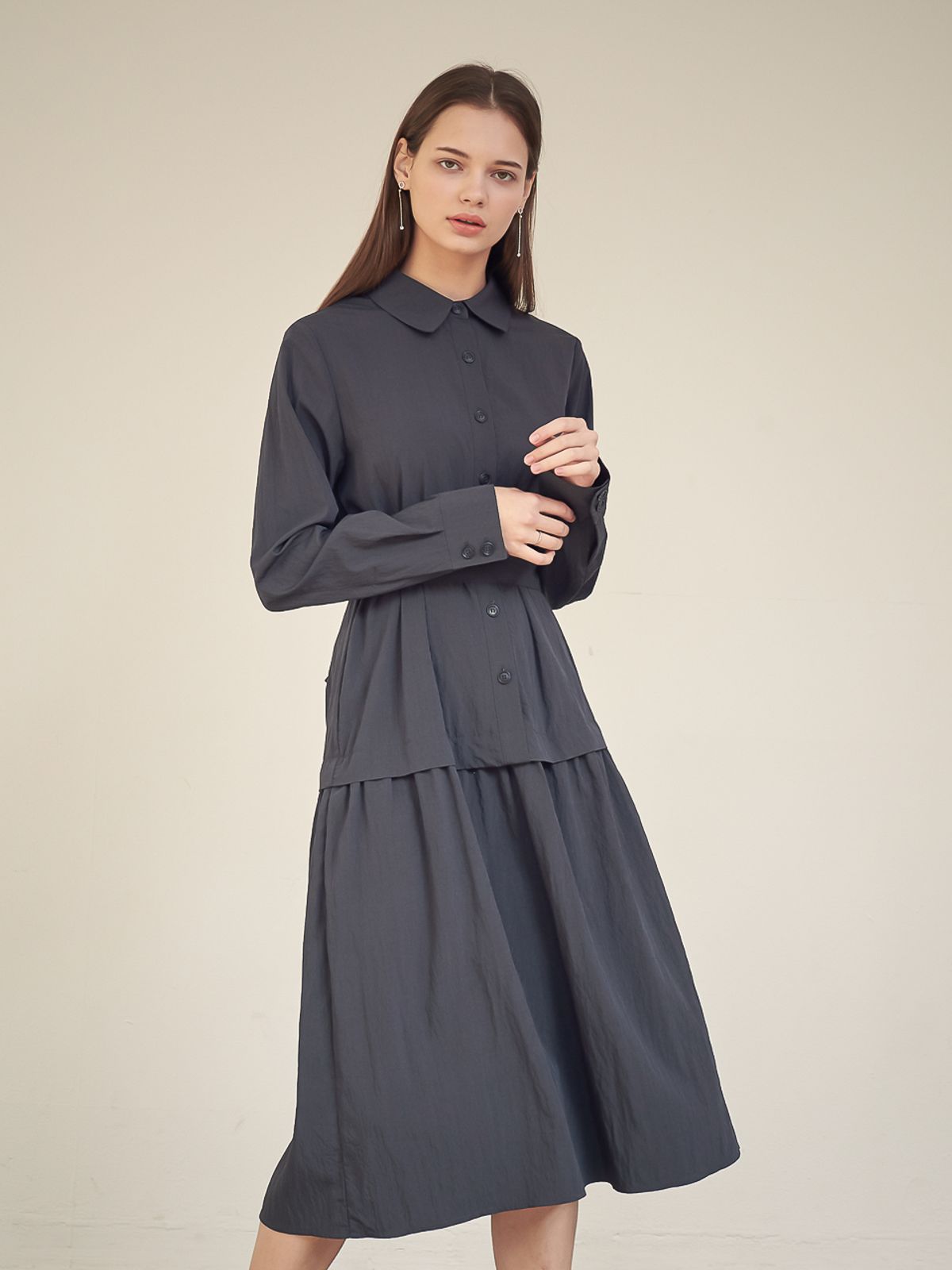 아쿠드(ACUD) Gaia Shirring Shirt One-Piece_Navy
