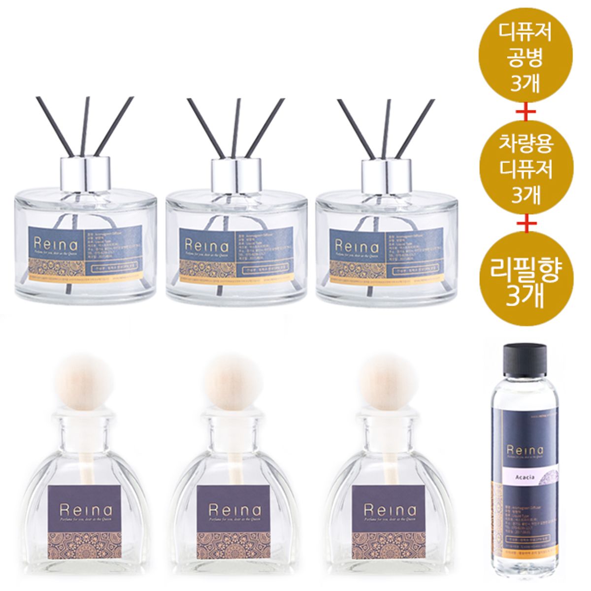 레이나퍼퓸(REINA PERFUME) 공병3개+리필3개+스틱3세트+선물박스+차량용 디퓨저3개