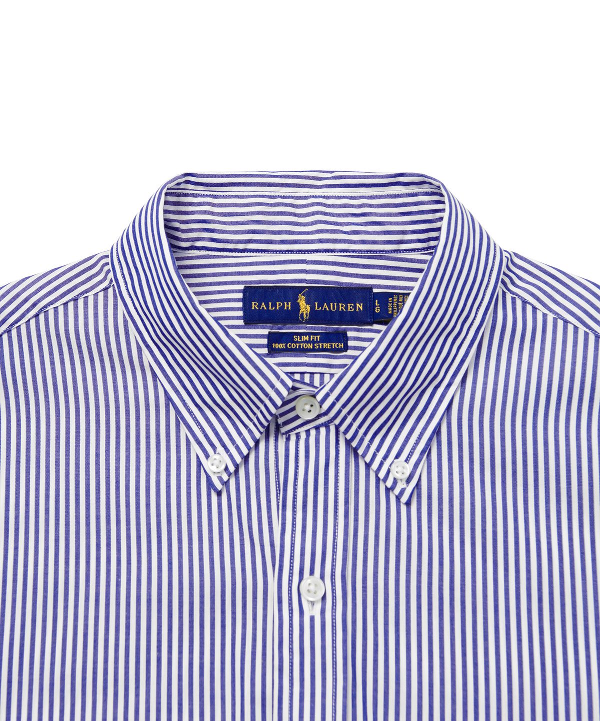 폴로 랄프 로렌(POLO RALPH LAUREN) 슬림 핏 스트라이프 포플린 셔츠 - 블루