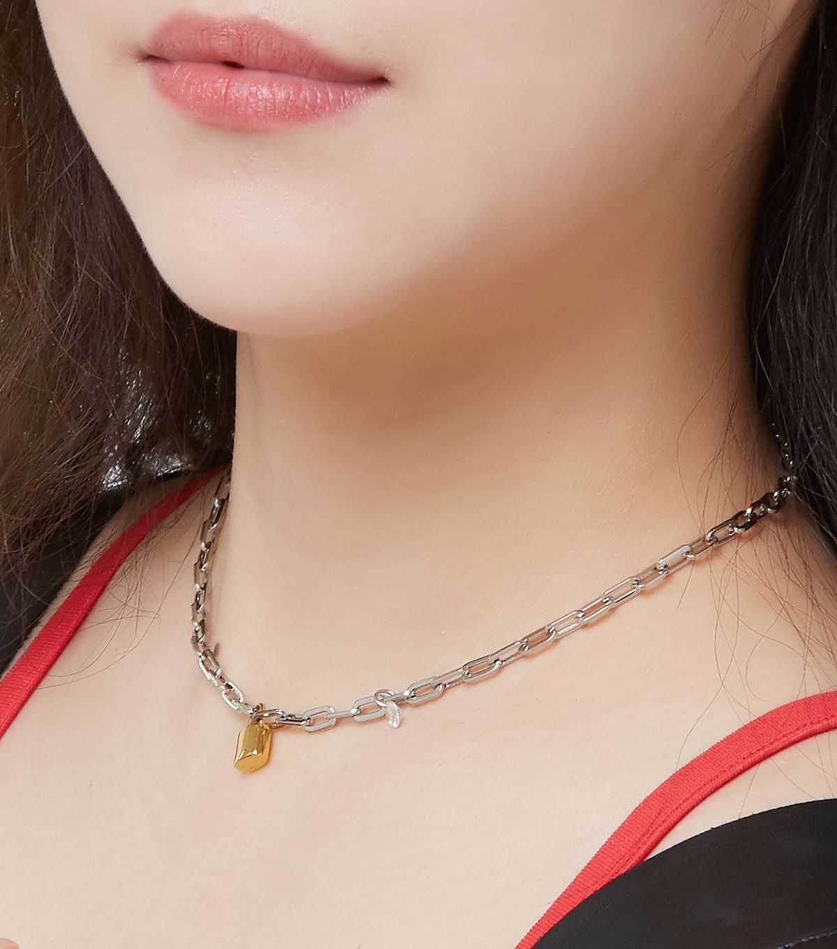 레이지앤크레이지(LAZY N CRAZY) 자물쇠 큐빅 클립체인 초커 (3칼라)