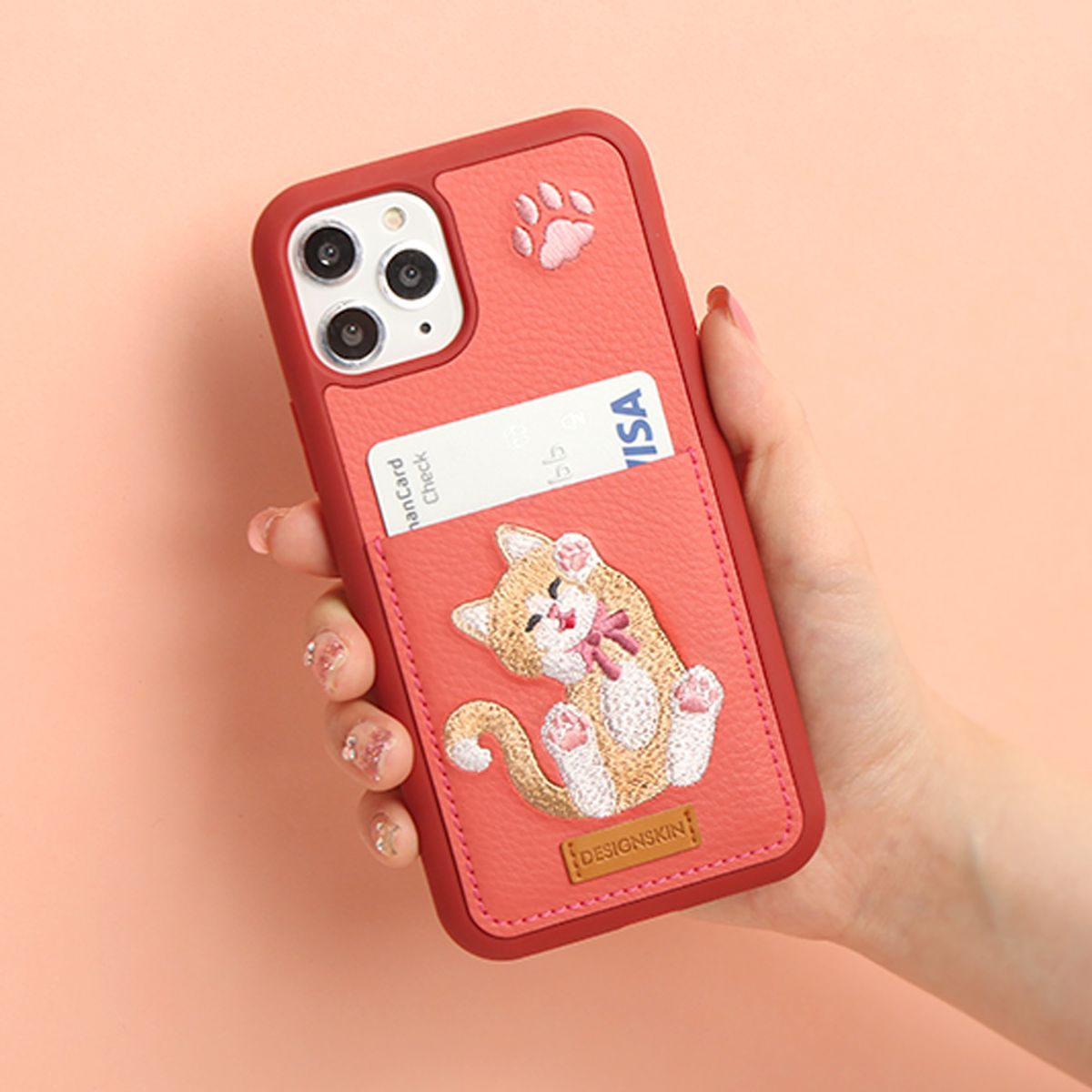 디자인스킨(DESIGNSKIN) 아이폰/갤럭시/갤럭시노트 고양이 자수 포켓 카드케이스