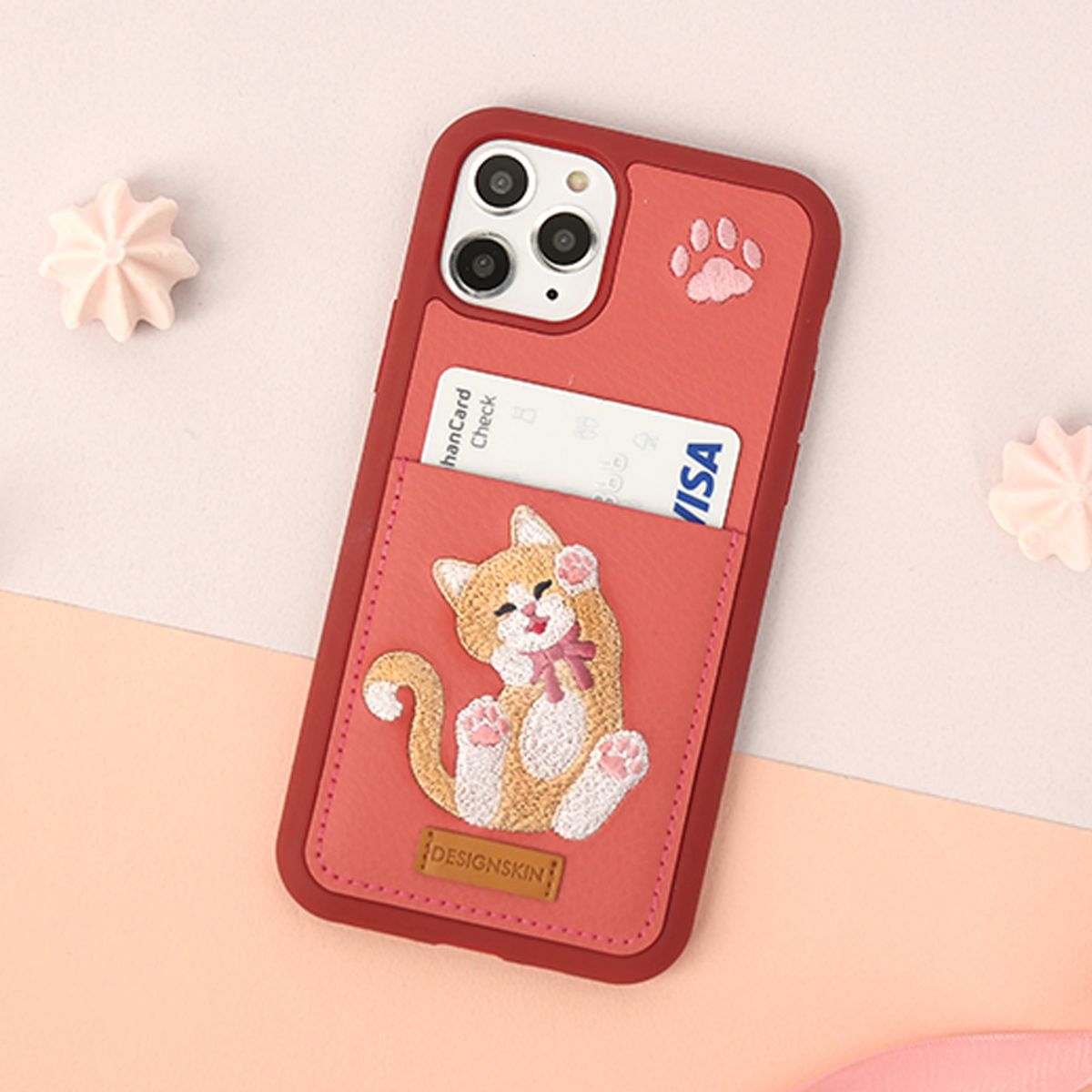 디자인스킨(DESIGNSKIN) 아이폰/갤럭시/갤럭시노트 고양이 자수 포켓 카드케이스