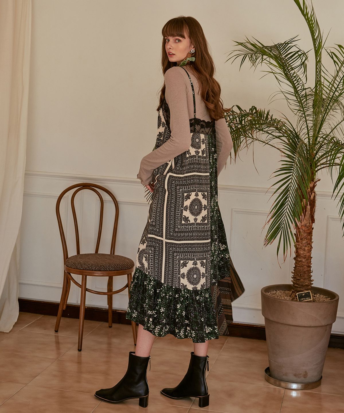 에트몽(ETMON) Slip Multi Pattern Dress  Green