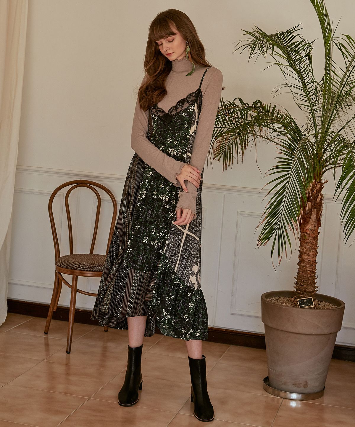 에트몽(ETMON) Slip Multi Pattern Dress  Green