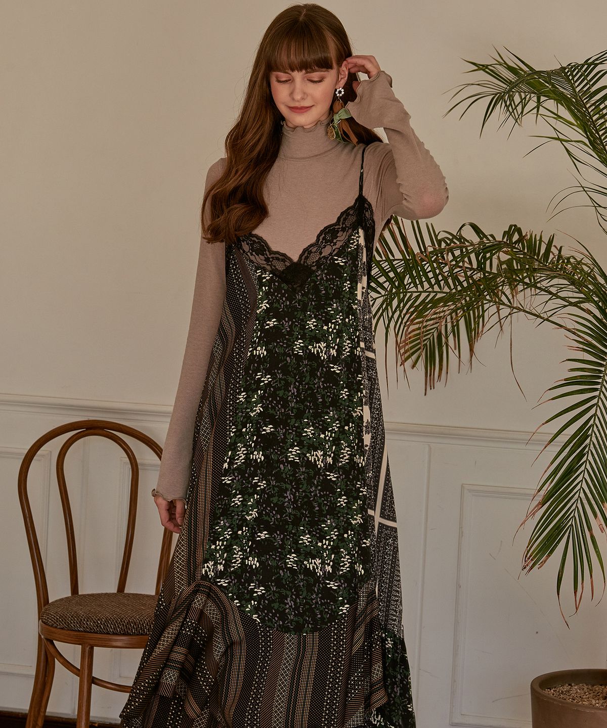 에트몽(ETMON) Slip Multi Pattern Dress  Green