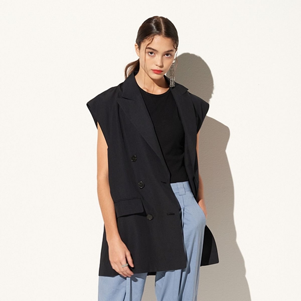 핀블랙(PINBLACK) LINEN TAILORED VEST BLACK