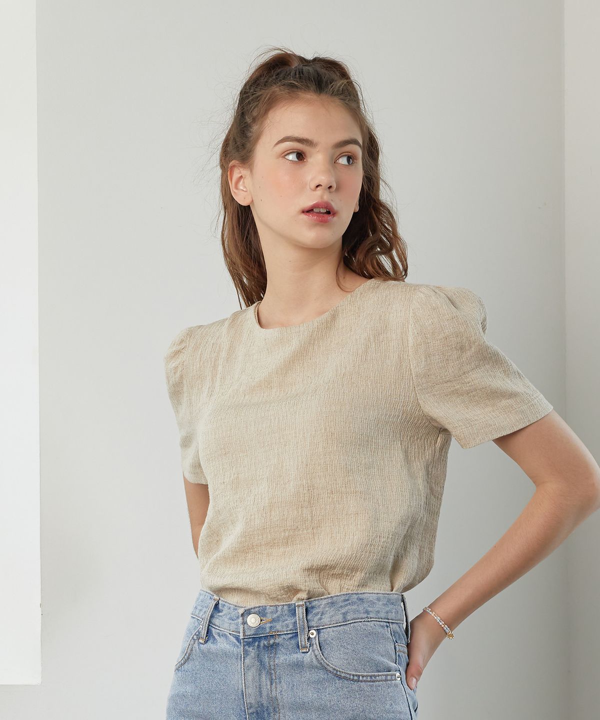 엽페(YUPPE) LINEN SHIRRING SHIRT_BEIGE