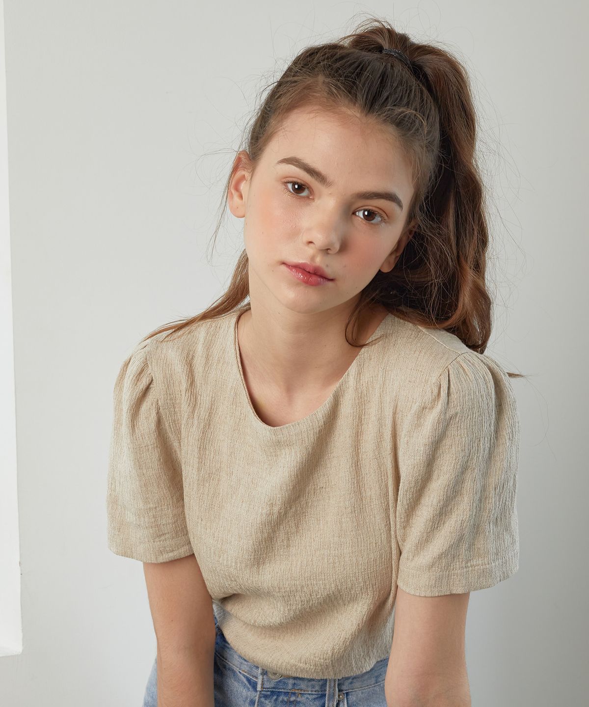엽페(YUPPE) LINEN SHIRRING SHIRT_BEIGE
