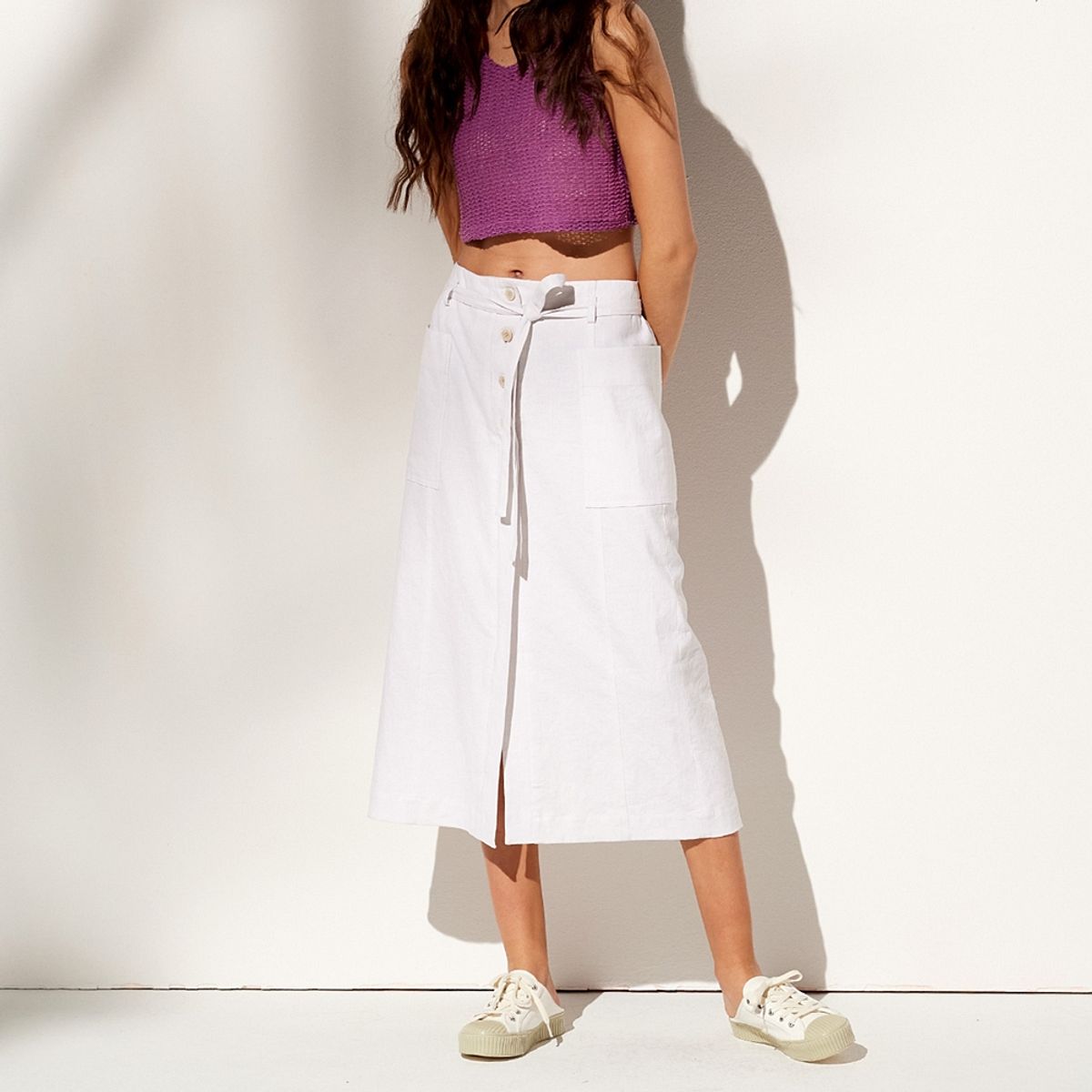 핀블랙(PINBLACK) LINEN BUTTON LONG SKIRTS WHITE