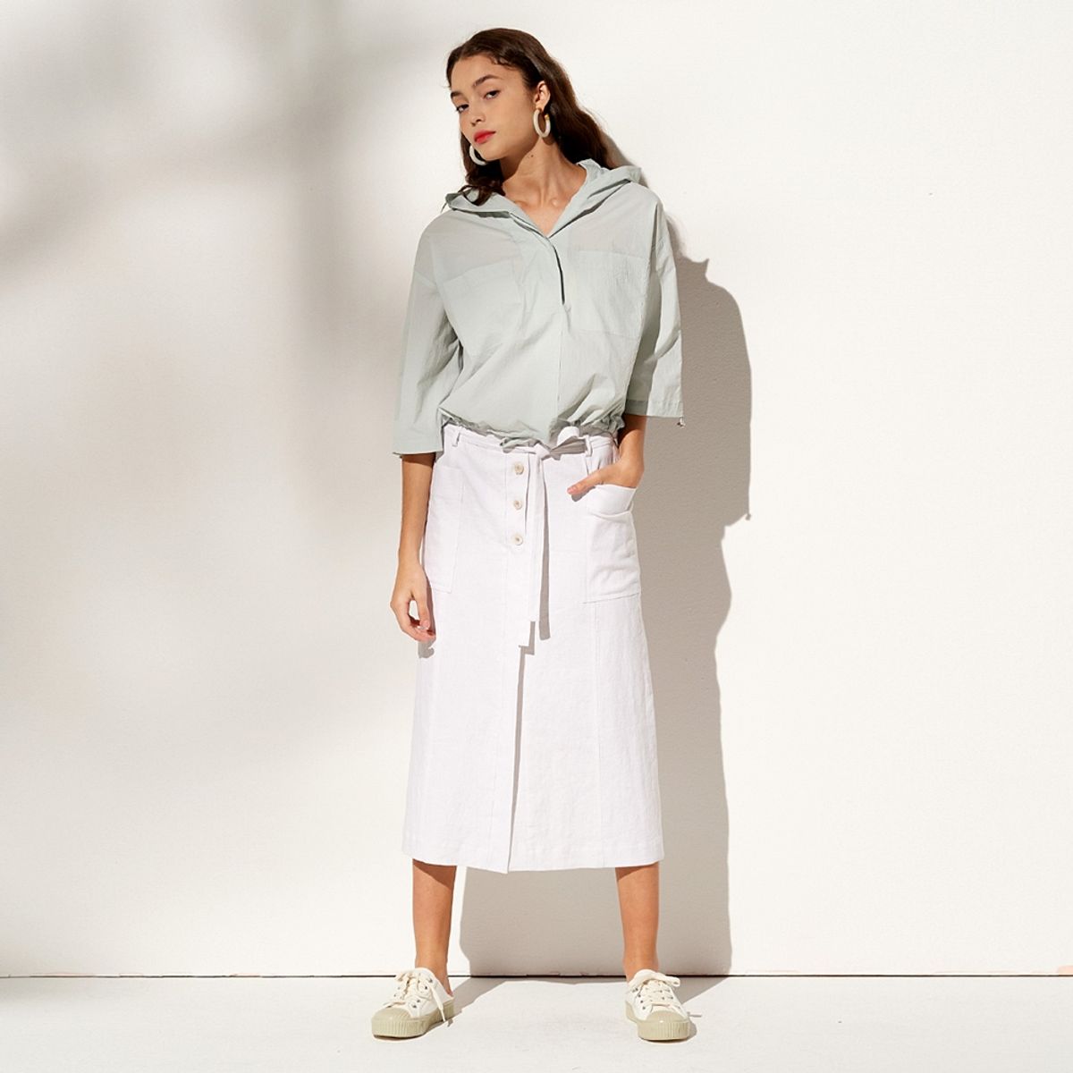 핀블랙(PINBLACK) LINEN BUTTON LONG SKIRTS WHITE