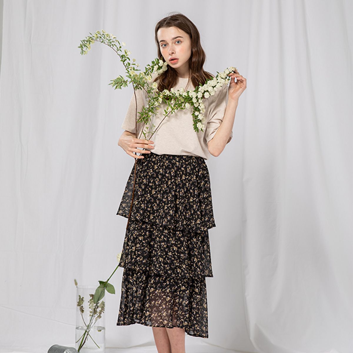 라온(RA_ON) Flower Cancan Midi Skirt (BK)