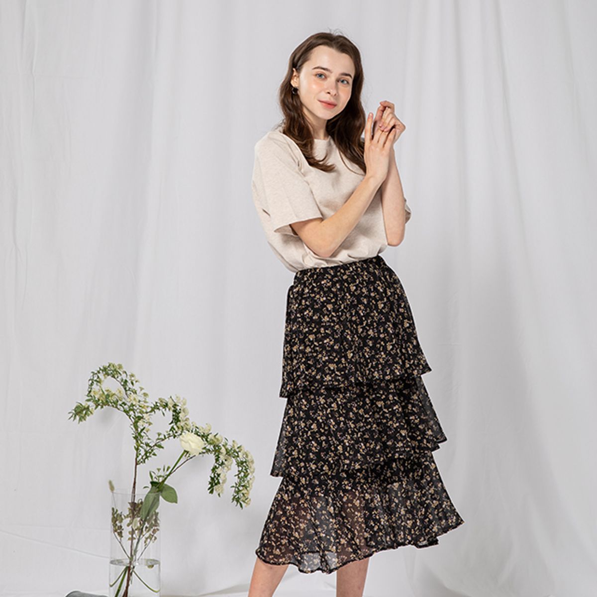 라온(RA_ON) Flower Cancan Midi Skirt (BK)
