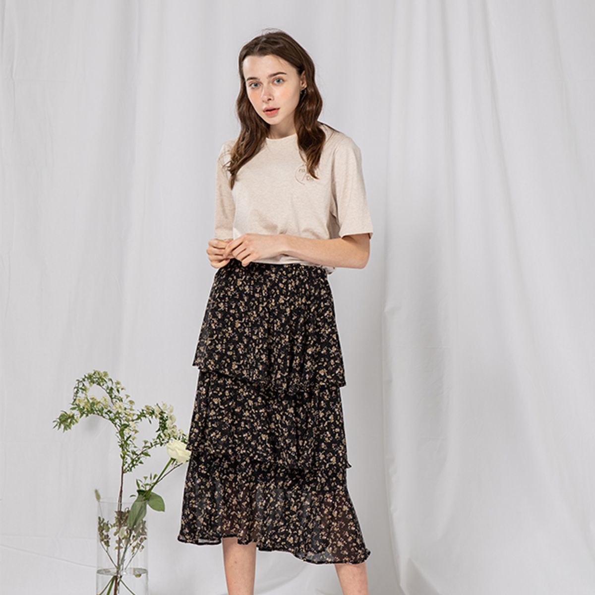 라온(RA_ON) Flower Cancan Midi Skirt (BK)