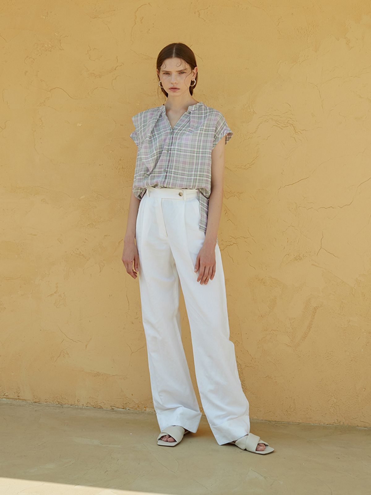 뮤에(MUER) 시어서커 체크 블라우스 퍼플