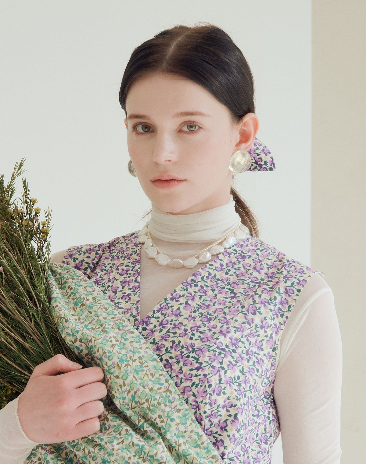 썸띵굿(SOMETHING GOOD) Tie Bow Scrunchy_Floral_PURPLE
