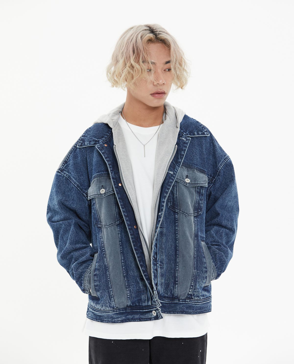 올디(ALL D) 데님 후드 트러커 오버핏 자켓 (블루)