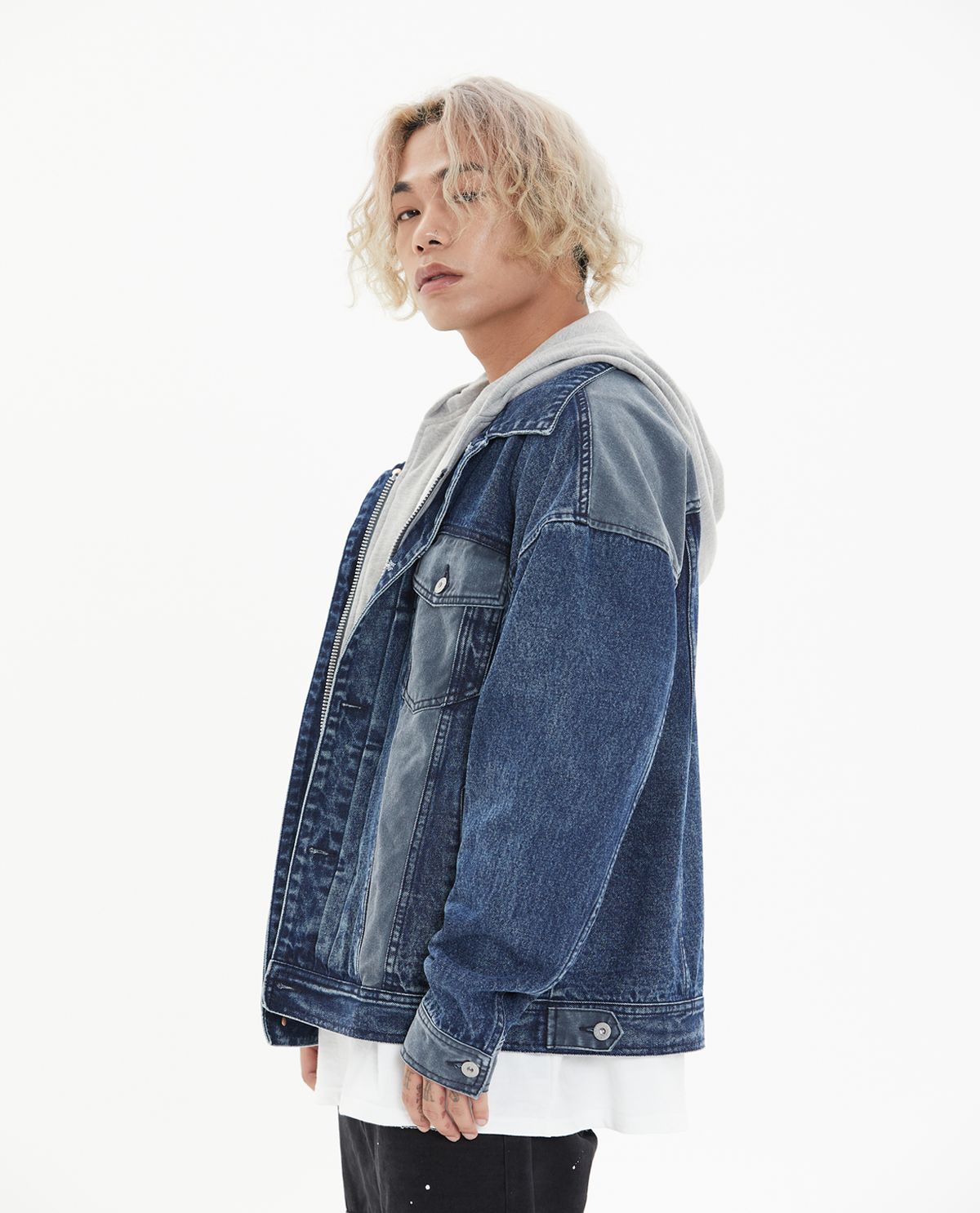 올디(ALL D) 데님 후드 트러커 오버핏 자켓 (블루)