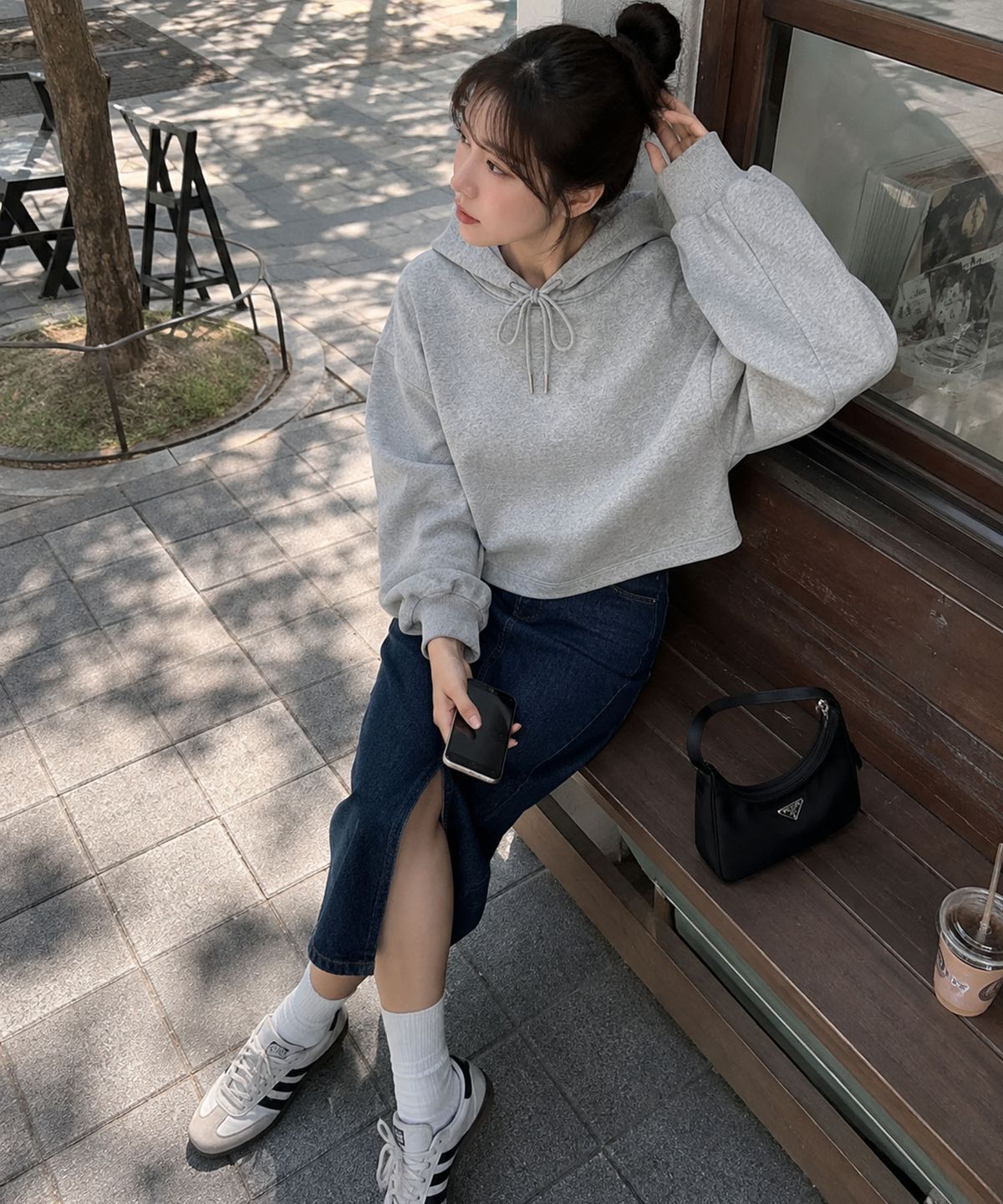 콜릿(KOLEAT) 크롭 오버핏 헤비 무지 후드티 긴팔 (그레이)