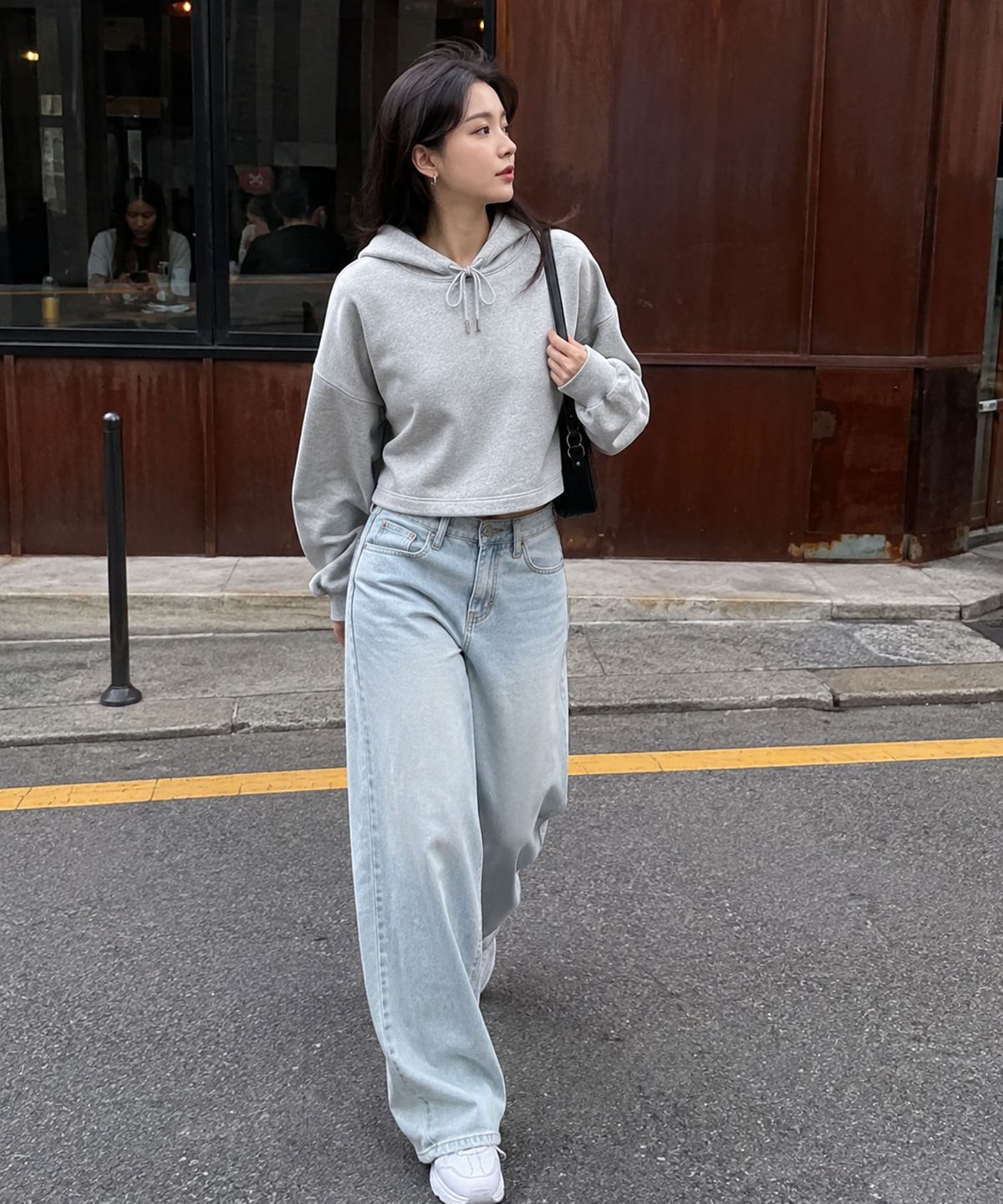 콜릿(KOLEAT) 크롭 오버핏 헤비 무지 후드티 긴팔 (그레이)