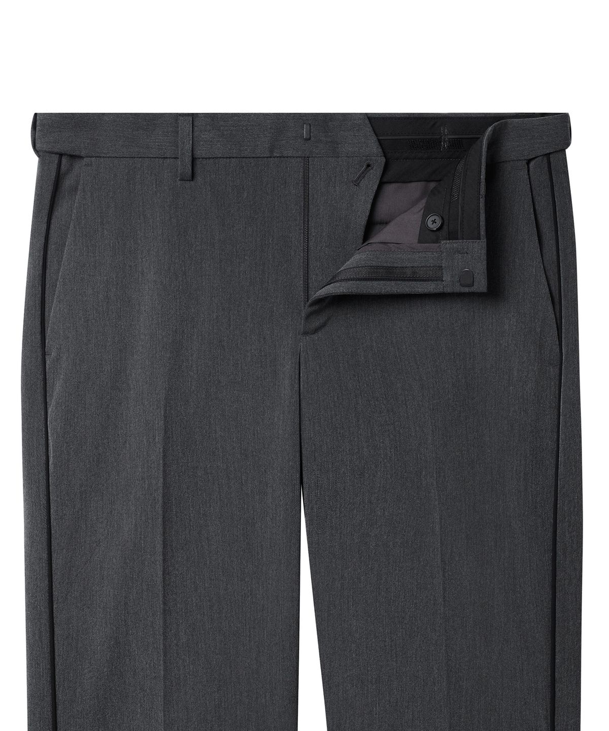 무신사 스탠다드(MUSINSA STANDARD) 더블 파이핑 라인 세미 와이드 히든 밴딩 슬랙스[미디엄 그레이/블랙]