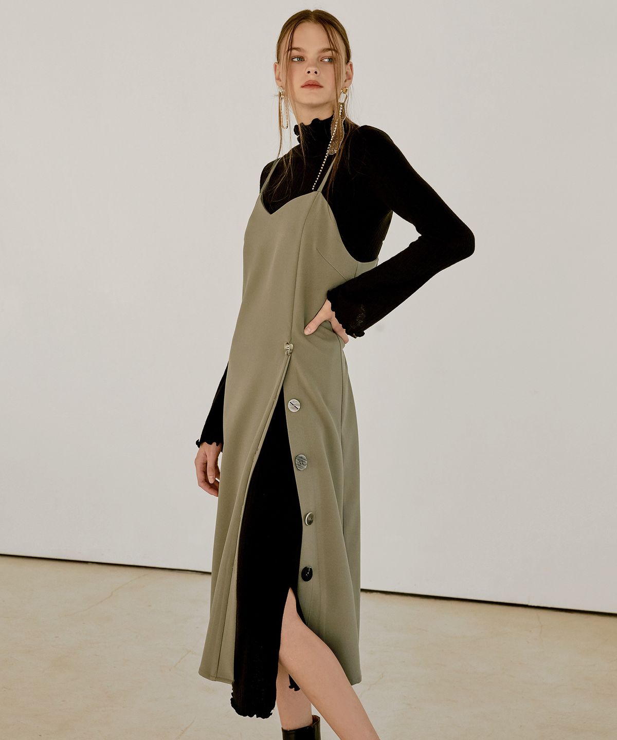 에트몽(ETMON) Layered Slim Long Dress  Black