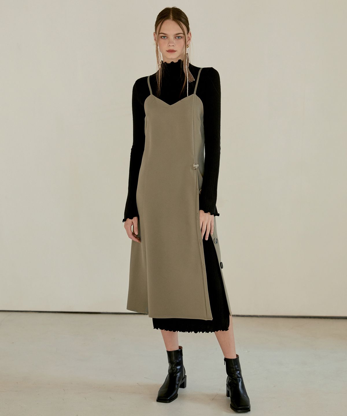 에트몽(ETMON) Layered Slim Long Dress  Black