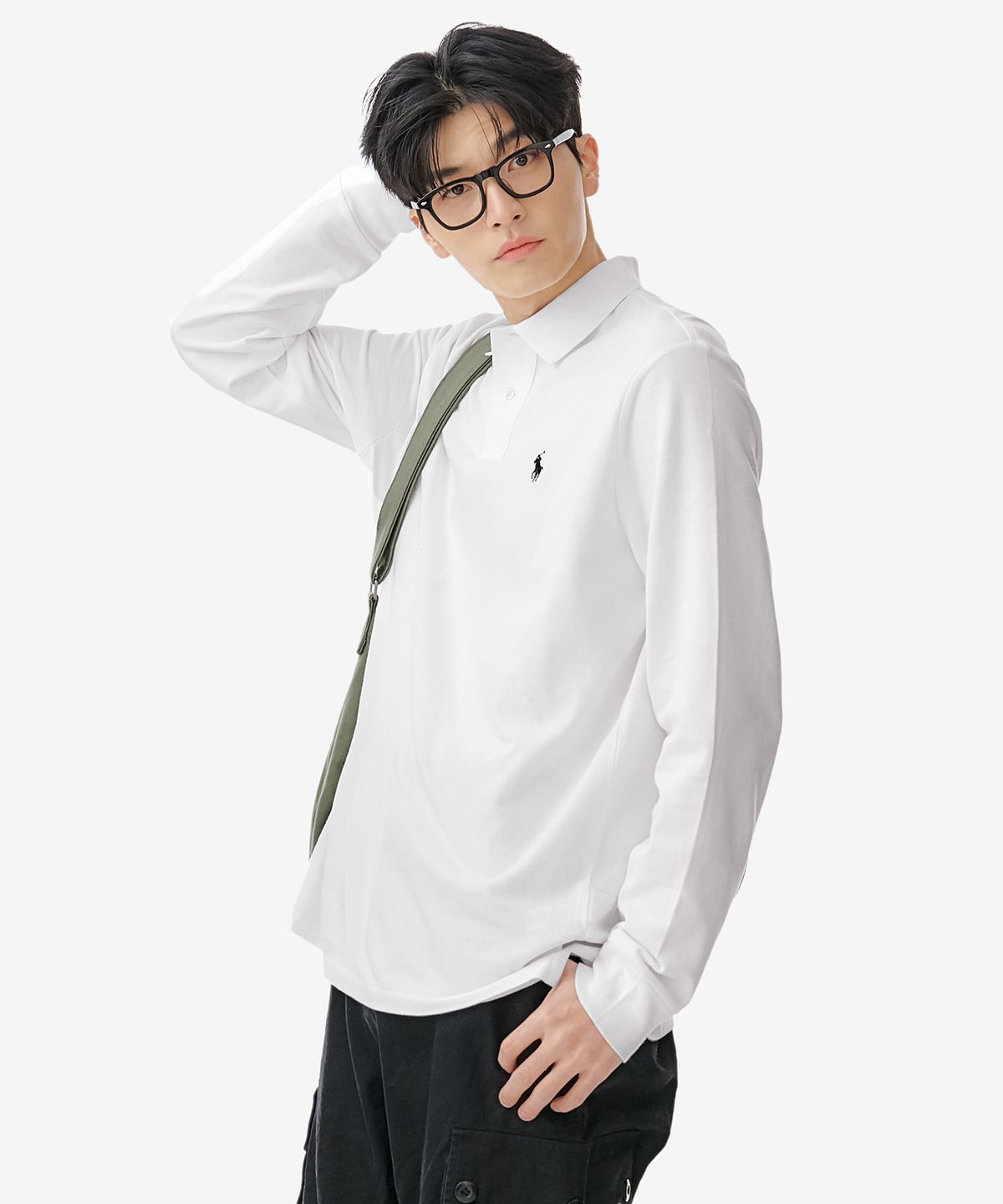 폴로 랄프 로렌(POLO RALPH LAUREN) 커스텀 슬림핏 롱 슬리브 메시 폴로 - 화이트