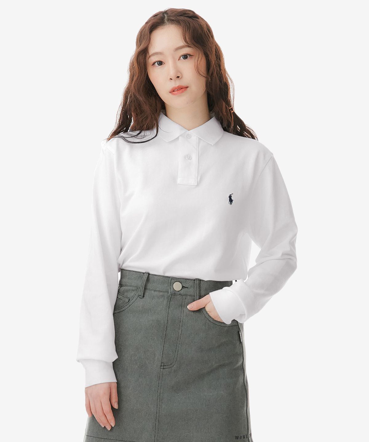 폴로 랄프 로렌(POLO RALPH LAUREN) 커스텀 슬림핏 롱 슬리브 메시 폴로 - 화이트