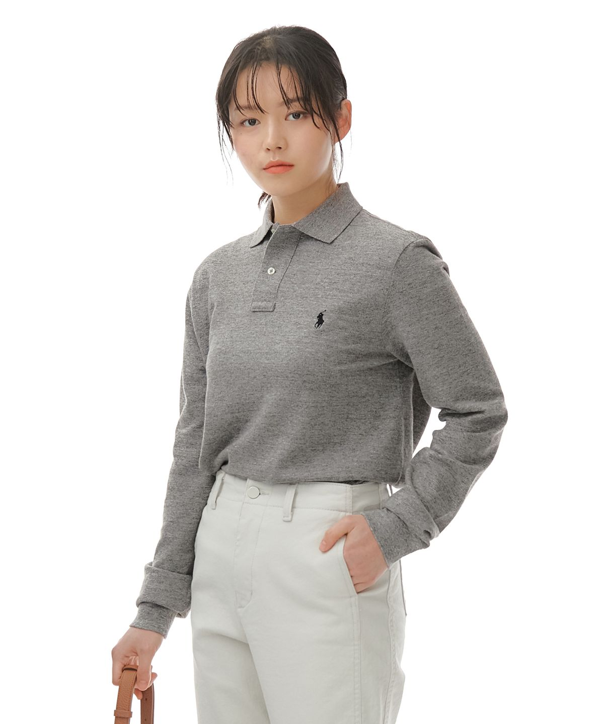 폴로 랄프 로렌(POLO RALPH LAUREN) 커스텀 슬림 핏 롱 슬리브 폴로 - 그레이