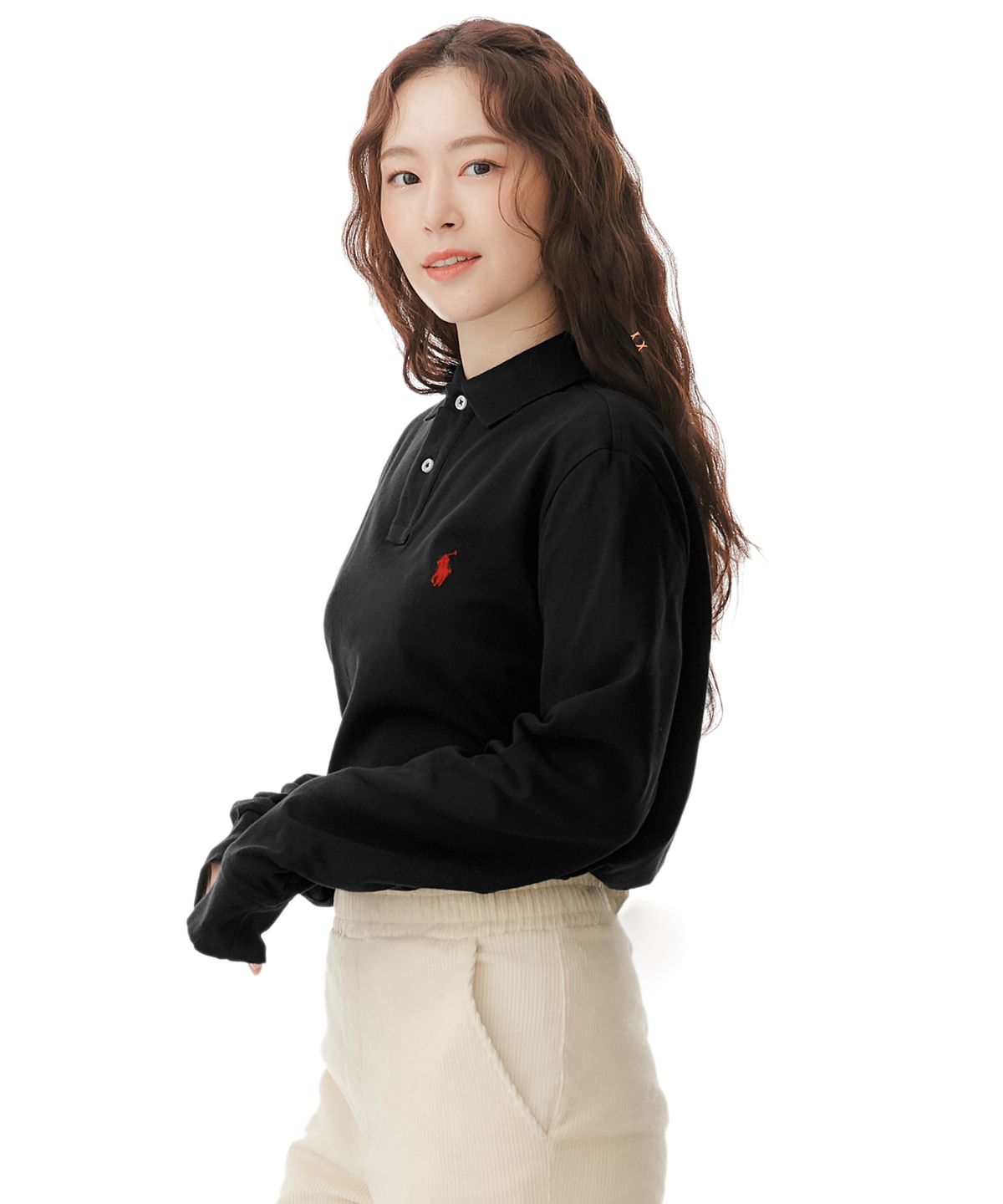 폴로 랄프 로렌(POLO RALPH LAUREN) 커스텀 슬림핏 롱 슬리브 메시 폴로 - 블랙