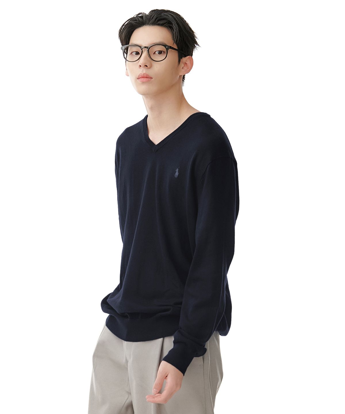 폴로 랄프 로렌(POLO RALPH LAUREN) 롱슬리브 코튼 브이넥 스웨터  - 네이비
