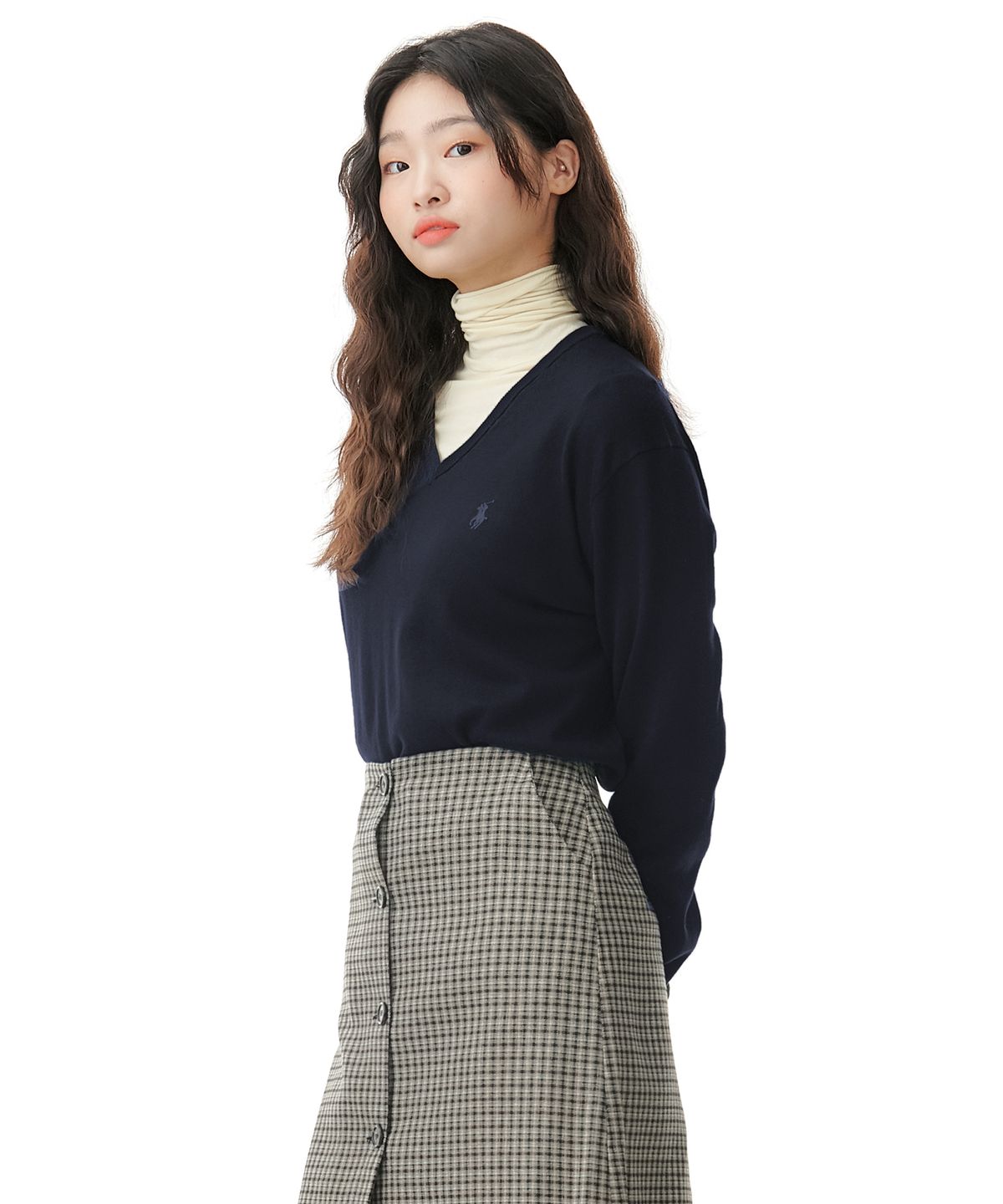 폴로 랄프 로렌(POLO RALPH LAUREN) 롱슬리브 코튼 브이넥 스웨터  - 네이비