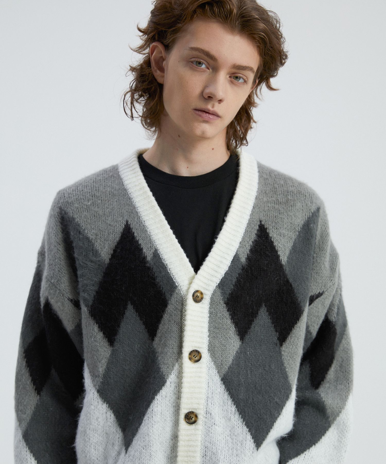 カーディガン KNITTED BULKY BRUSH ARGYLE CARDIGAN HM1496 MUSINSA | KNITTED Bulky Brush Argyle Cardigan BLACK