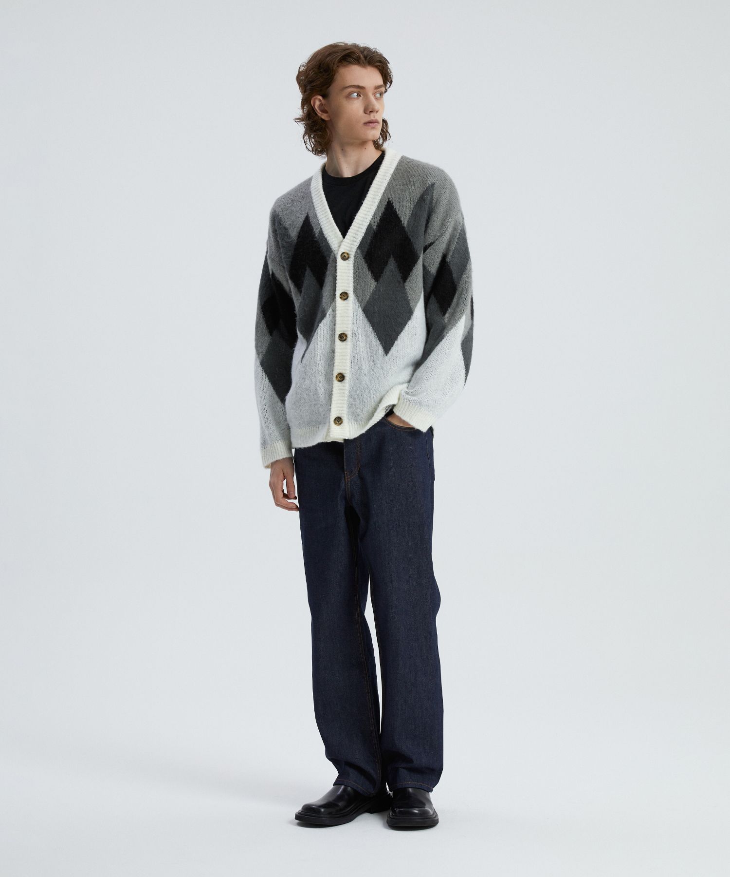カーディガン KNITTED BULKY BRUSH ARGYLE CARDIGAN HM1496 MUSINSA | KNITTED Bulky Brush Argyle Cardigan DARK BLACK