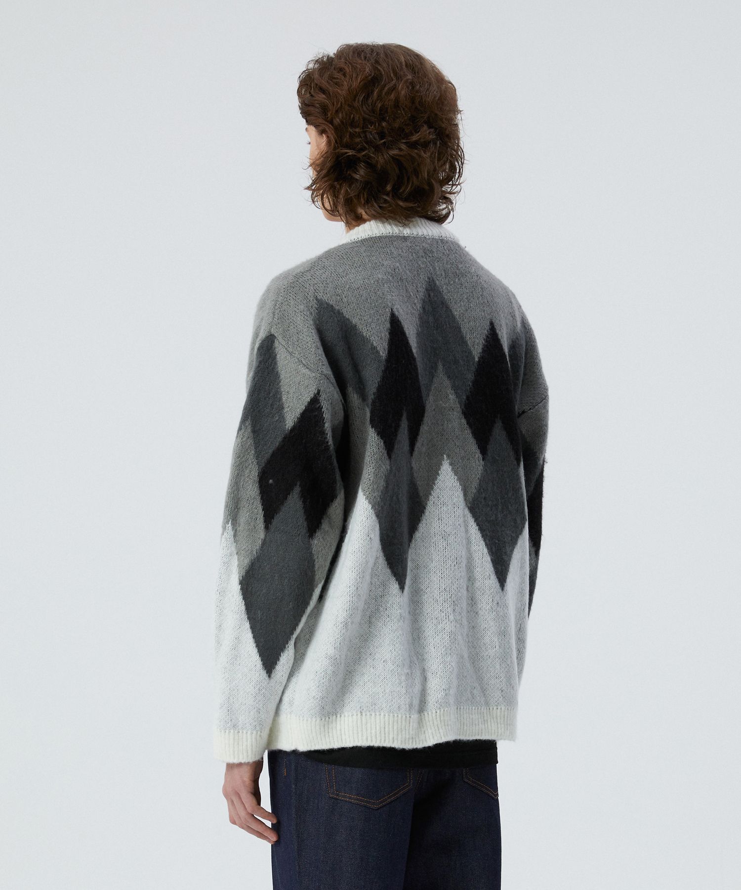 MUSINSA | KNITTED Bulky Brush Argyle Cardigan BLACK