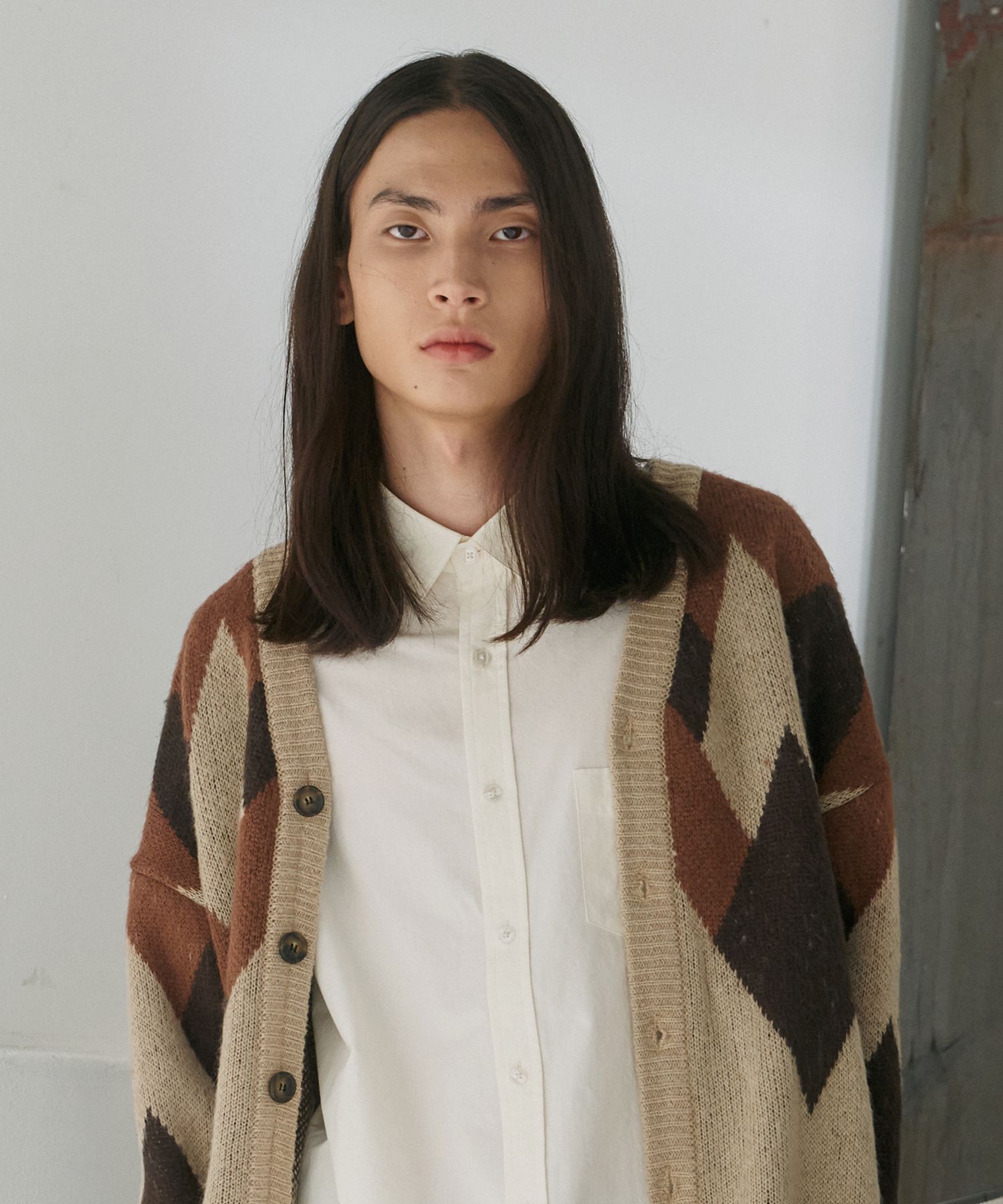 MUSINSA | KNITTED Bulky Brush Argyle Cardigan BROWN