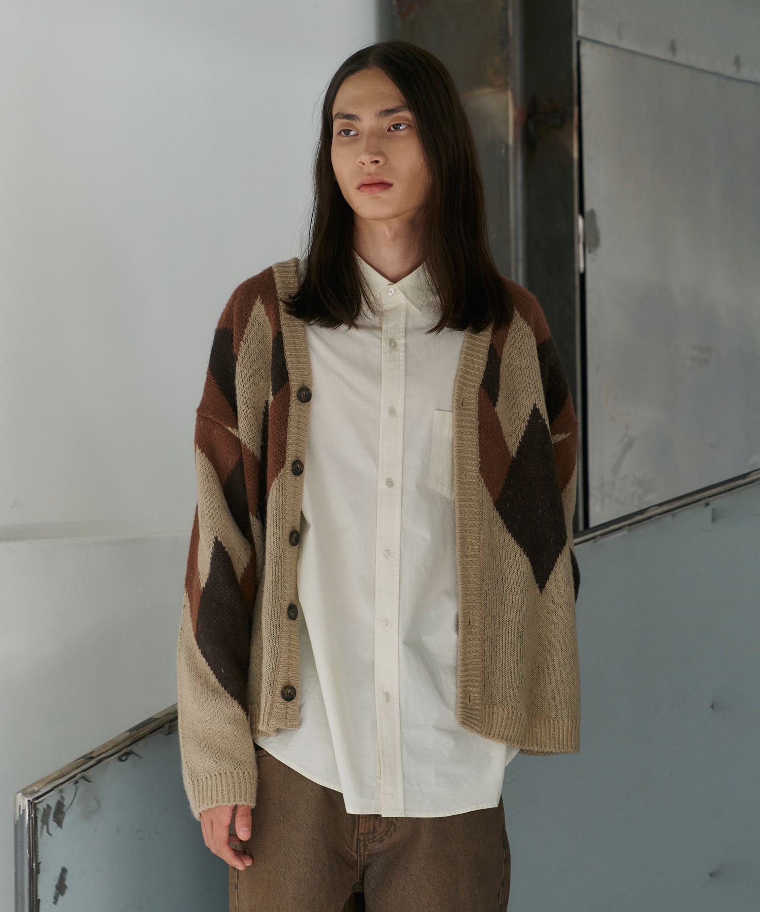 MUSINSA | KNITTED Bulky Brush Argyle Cardigan BROWN