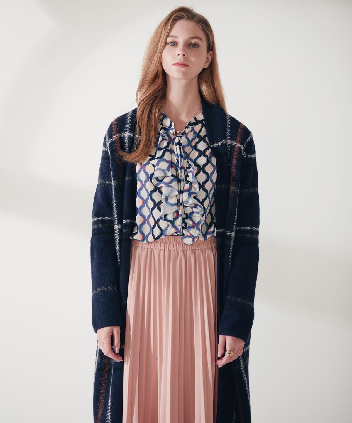 엔오티(NOT) No-button wool check Long Cardigan
