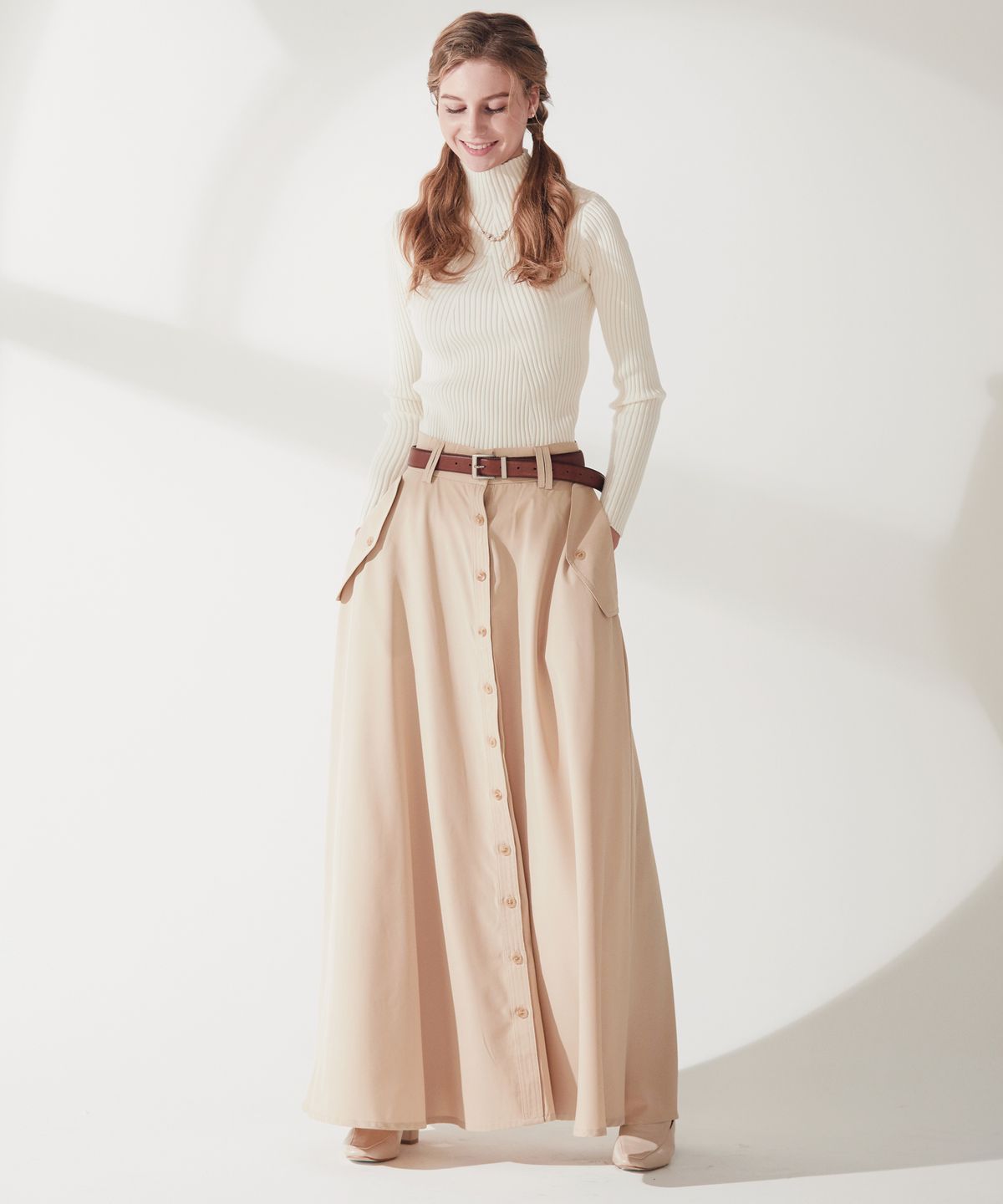 엔오티(NOT) Extra wide beige long Skirt