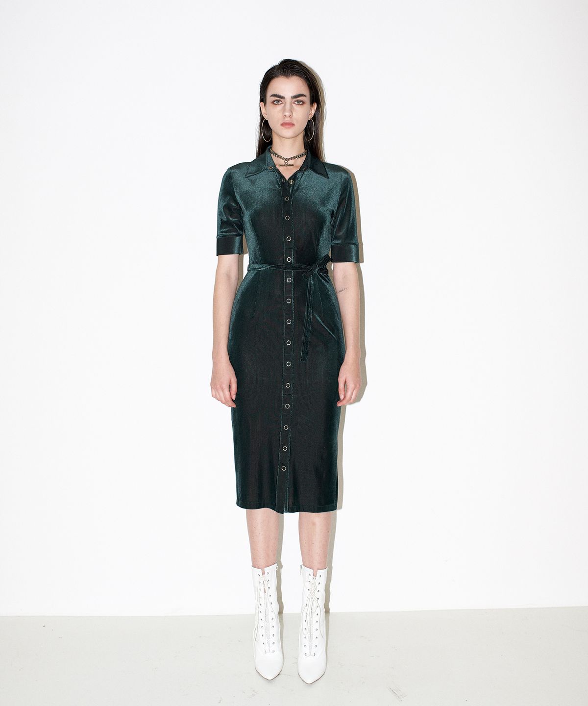 채뉴욕(CHAENEWYORK) Front open velvet dress [Green]